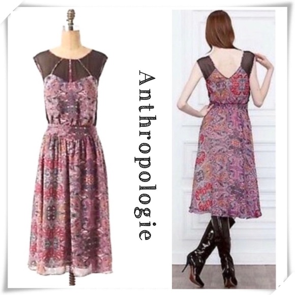 ANTHROPOLOGIE Leifsdottir Tangu 100%Silk Marble Midi Dress in Purple - Picture 1 of 9